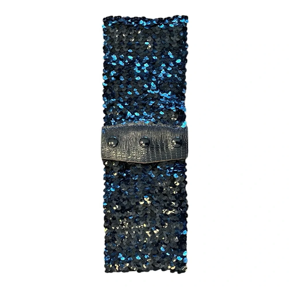 Vintage Blue Black Sequin Stretch Belt Wide Elastic 80s Disco Statement